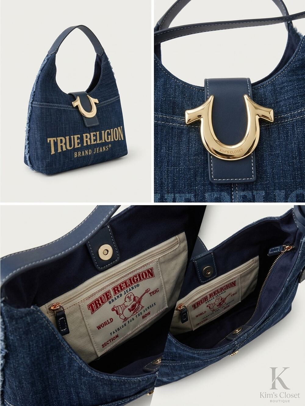 True Religion Frayed Denim Horseshoe Hobo Bag